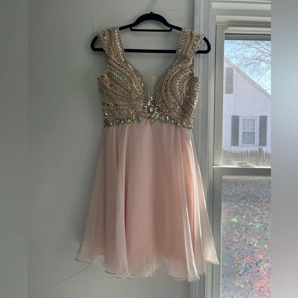Tony Bowls pastel pink chiffon and rhinestone formal / semi formal mini dress 6